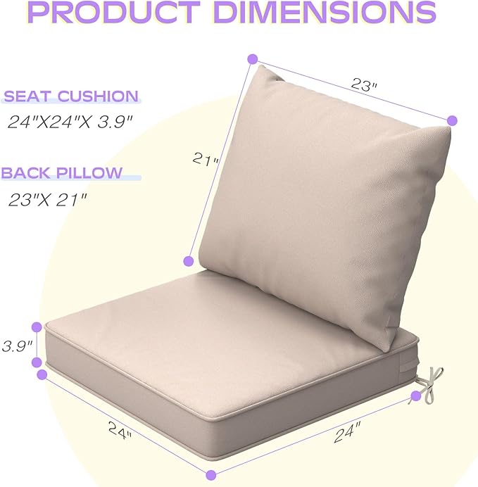 Outdoor Chair Cushions Set of 4, 24 x 24 Inch Patio Chair Cushions with Splash-Proof Covers, Outdoor Cushions for Patio Furniture, Khaki