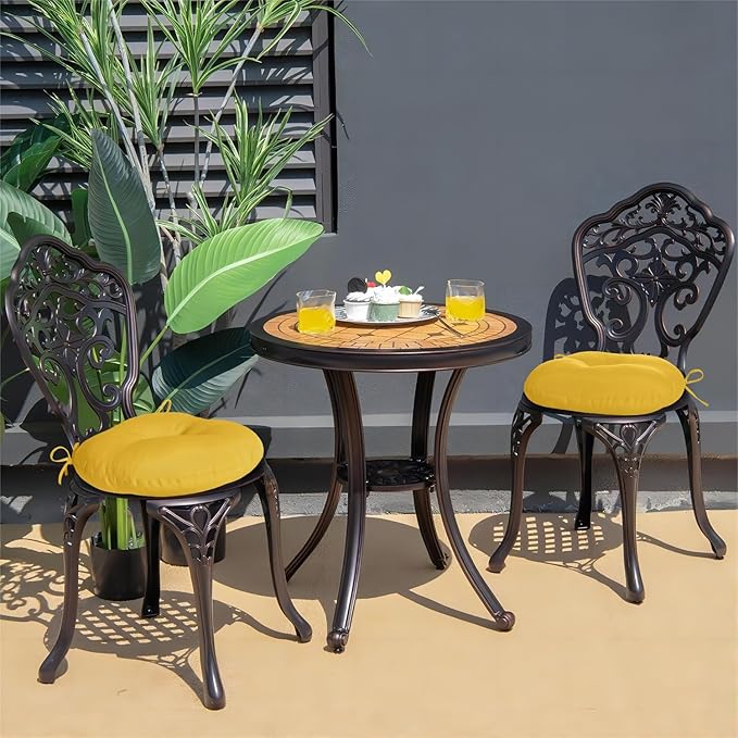 downluxe Bistro Chair Cushions for Patio Furniture, Water-Resistant Round Outdoor Chair Cushions Set of 4 with Non-Slip Ties, 15" x 15", Yellow