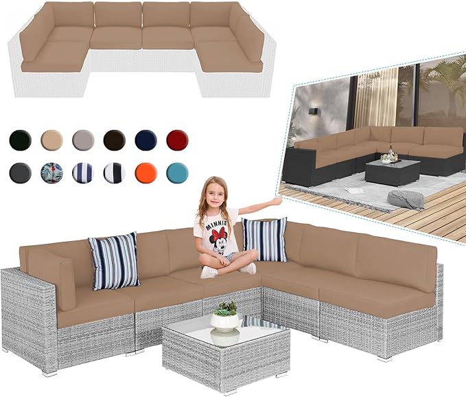 Outdoor Sectional Cushions, 4" Foam High-Density, Water-Resistant Couch Cushions Replacement Set, 14 Piece Patio Sectional Cushion for 6-Seat Sectional Patio Conversation Sets (Beige)