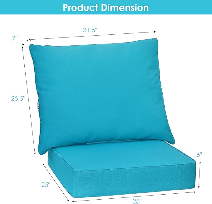 Giantex Patio Cushion Set with Pillow, Deep Seat and Back Cushion, Outdoor Chair Pads with Ties, Cushion Replacement for Patio Furniture, Waterproof 6 Inch Thick Indoor Floor Cushion
