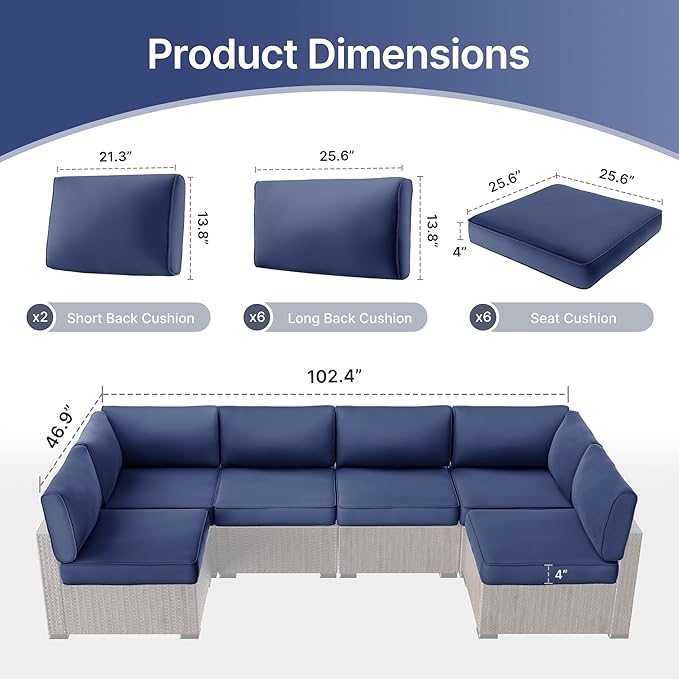 SUNCOZE 14-Piece Outdoor Cushions for Patio Furniture, 25.6"x25.6" Couch Cushion Replacement Designed for 6-Seat Sectional Sofa Sets, Anti-Slip Patio Cushions for Garden, Backyard, Porch (Blue)