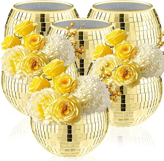 6 Pcs Disco Ball Vase,5" X 6" Disco Ball Centerpieces,Glass Disco Ball Planter Mirror Disco Ball Decor Can Be Used for Wedding Centerpieces,Birthday,Office(Gold)