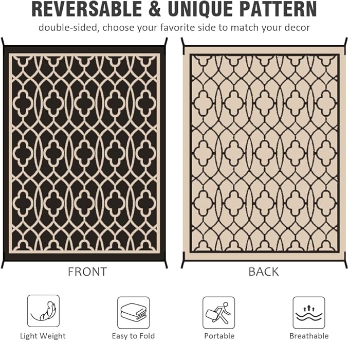 Pendolr Reversible Mats - Outdoor Rugs 9'x12' for Patios Clearance, Plastic Straw Rugs Waterproof, Portable, Outdoor RV Camping Rug, Garden, Balcony, Picnic, Beach, Camping(Black & Beige)