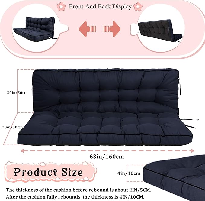 2-3 Seat Swing Replacement Cushion, Outdoor Bench Cushions with Backrest Thicken 4", Patio Furniture Garden Porch Loveseat Glider Pad Anti-Fading Waterproof (Navy Blue, 40x63in-thicken)