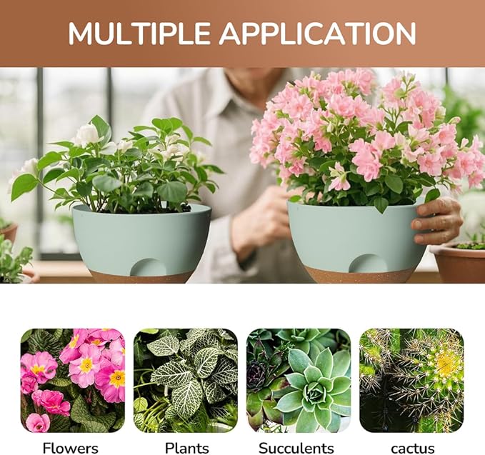 12 Inch Large Self Watering Pots, 2 Pack Plant Pots with Drainage Holes and Saucers, Self Watering Planter for Indoor Outdoor Garden Plants and Flowers (Green)