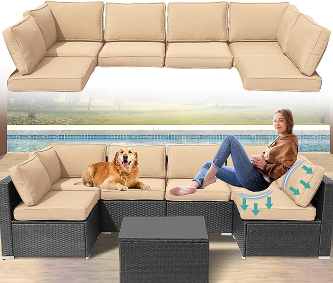 Patio Furniture Cushions,14Pieces Water-Resistant Outdoor Replacement Cushions,Sectional Sofa Cushions for Fits 6-Seats Rattan Wicker Patio Conversation Sets