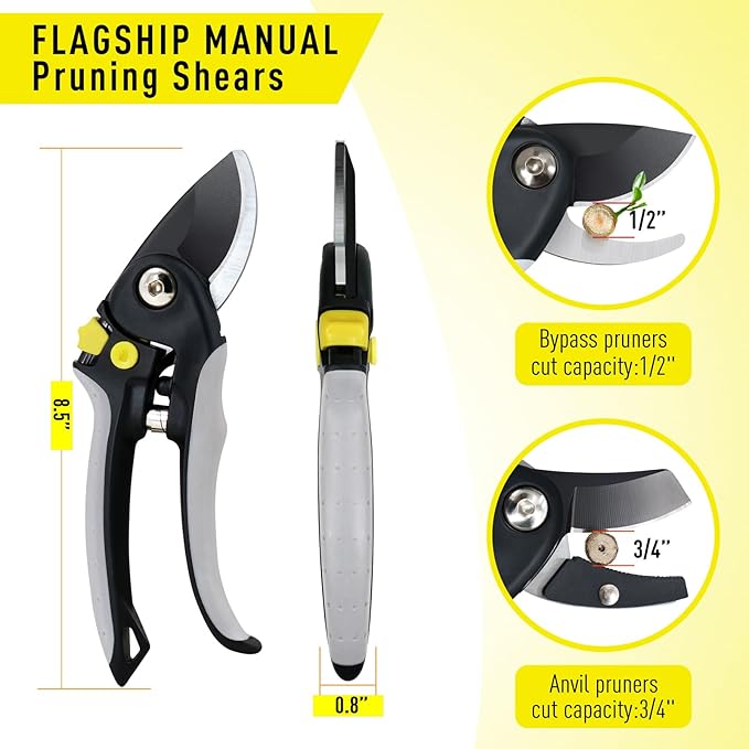 Jardineer Pruning Shears for Gardening, 3Pack Stainless Steel Garden Shears Set include Bypass Hand Pruner, Anvil Pruning Scissor, Pruning Snips for Flowers, Herbs and Small Branches