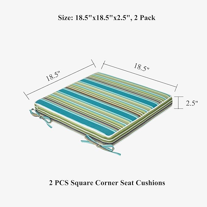FUNHOME Indoor/Outdoor Chair Cushions Set of 2, 18 x 18 x 2.5 Inch Square Corner Outdoor Cushions for Patio Furniture,2 Packs Patio Chair Cushions with Ties-Green Stripe