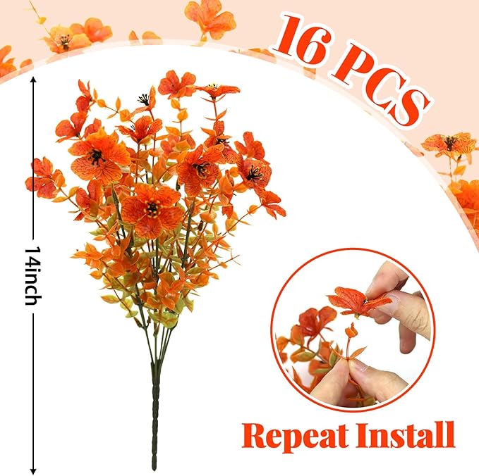 16 Bundles Artificial Fall Fake Mums for Outdoor, Autumn Faux Mums Flowers UV Resistant Plastic Greenery Garden Porch Patio Fall Thanksgiving Home Decor