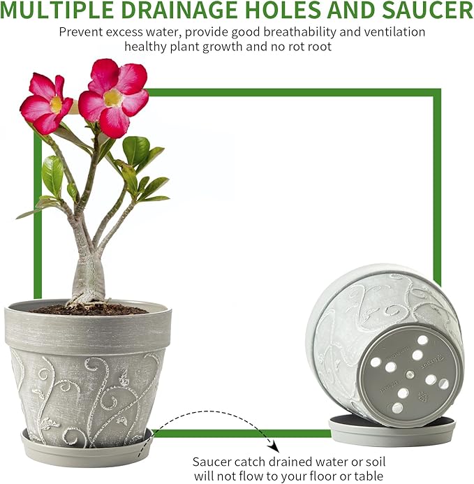 Melphoe Plant Pots Indoor with Drainage & Saucer, 2Pack 7/8 inch Flower Pots Outdoor Planters for Indoor Plants Garden Home Decor Cactus Succulent, Rigid Plastic (Imitation-Terracotta) Vine-Embossed