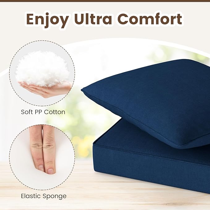 Giantex Patio Cushion Set, Outdoor Chair Seat Pads w/Non-Slip Rope Belts, Detachable Patio Furniture Cushions, Thick Seat Cushion & Back Cushion for Living Room Floor Sofa Patio Garden Chair (Navy)