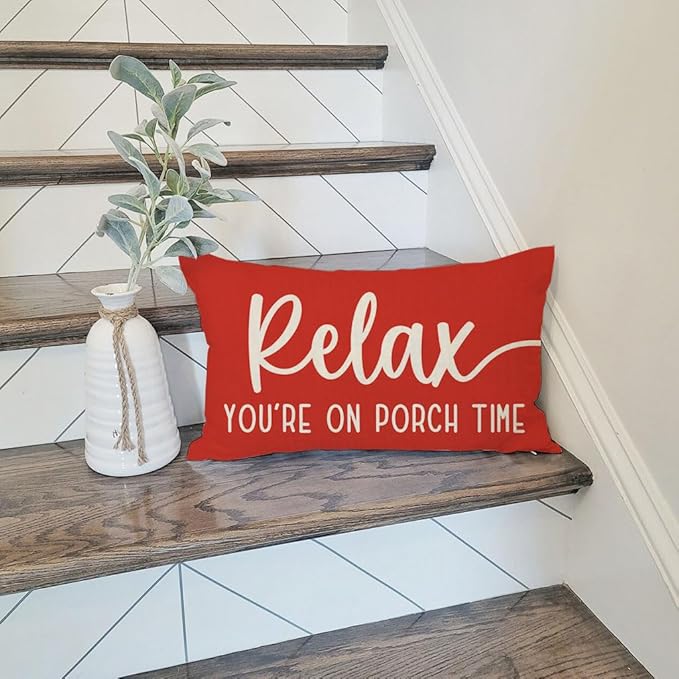 PANDICORN Decorative Throw Pillow Covers 12x20 Inch Relax Porch Time Red Outdoor Farmhouse Christmas Porch Decorations Lumbar Decorative Throw Pillows Cases for Front Porch Patio Couch Bench Decor