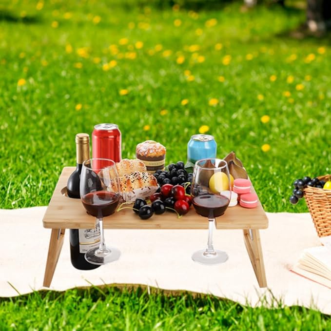 Peohud Portable Wine Picnic Table, Foldable Champagne Picnic Snack Table Tray, Wooden Outdoor Picnic Table with Glass Holder for Park, Beach, Camping, Bed, Wine Lover Gift