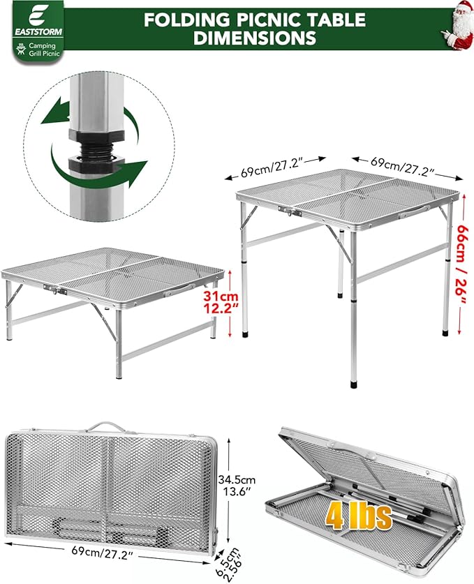 Square Folding Card Table with Adjustable Height (12" & 26"), Silver Portable Metal Mesh Table for Camping, BBQ, Picnic, Game, Patio & Indoor Use, Fits 2–4 People, Lightweight 7.6 lb, Supports 66 lb