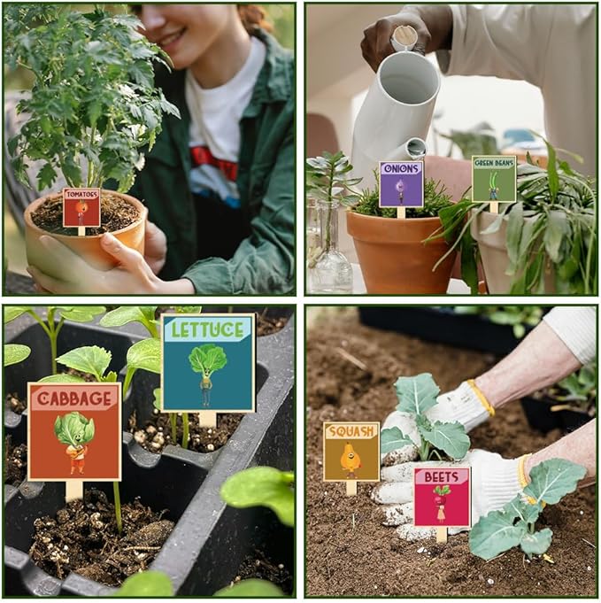 arricraft 15 Pcs Wooden Plant Tags, Vegetable Anthropomorphic Pattern Plant Tags Colorful T-Shaped Plant Markers Bulk for Indoor Outdoor Lab Garden Nursery Potted Plant Markers