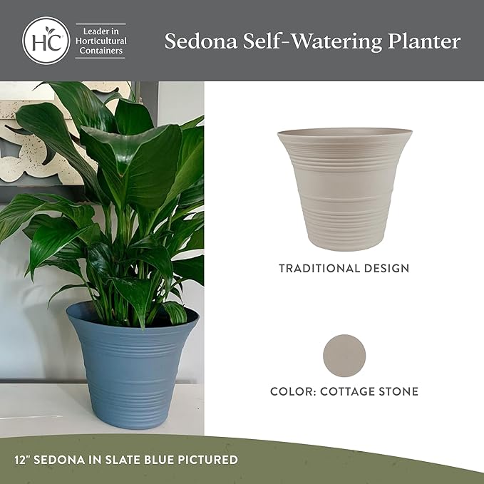 The HC Companies 9 Inch Sedona Round Self Watering Planter Pots, Lightweight UV-Resistant Plastic Indoor & Outdoor Planters, 4-Pack Flower Pots for Garden & Home Decor, Cottage Stone