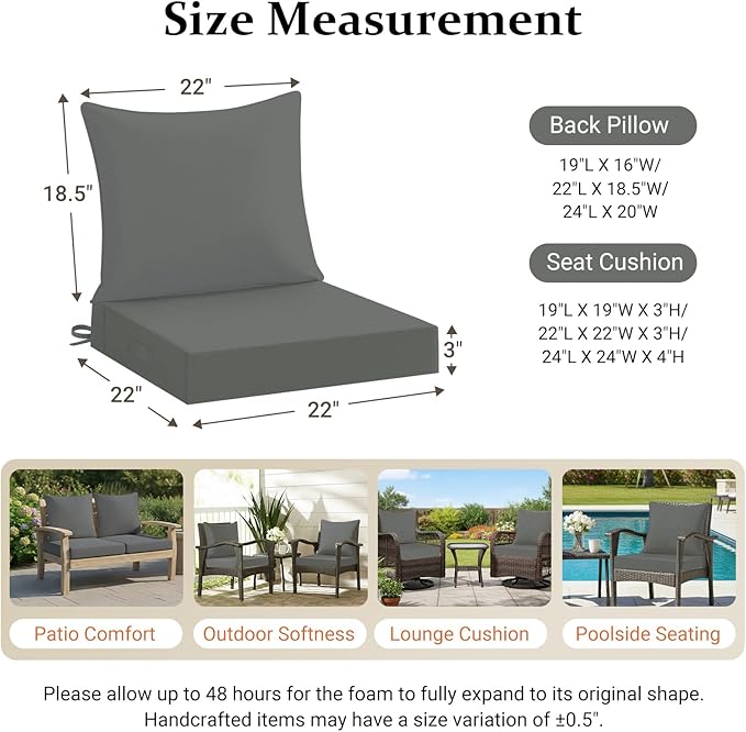 downluxe 22x22 Outdoor Chair Cushions, Waterproof Fade Resistant Patio Furniture Cushions with Handle & Removable Cover, Deep Seat Outdoor Cushions for Sofa, Couch and Patio Chairs, Dark Grey