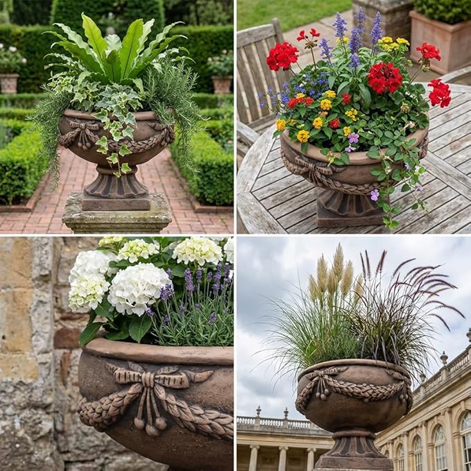 17 Inch Vintage Plant Pot for Plants, Embossed Design Durable and Sturdy Resin Fiber Flowerpots with Drainage Hole, Decorative Orchid Houseplant Pot Indoor Outdoor Plant Container