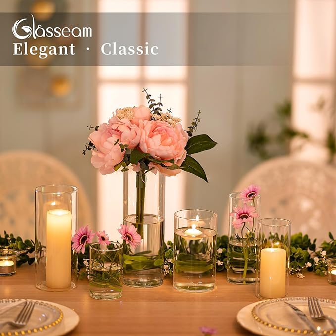 Glasseam Hurricane Glass Candle Holders Set of 6,Clear Cylinder Candle Holders for Pillar Candles,Modern Floating Candles for Centerpieces Vases,Candle Holders for Table Centerpiece,4''+6''+8'',2.6in