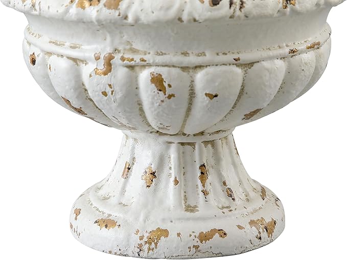 SOFE Vintage Large Pedestal Vase, 11 Inches Tall Front Porch Garden Planters, Resin Compote Vase, Distressed White Flower Pot, French Country Home Decor