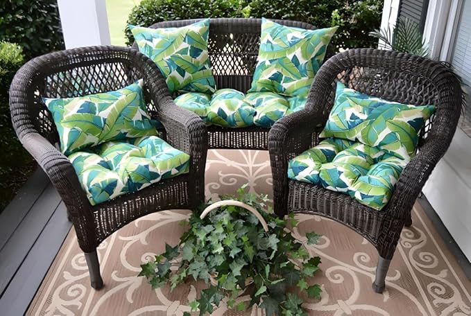RSH DECOR: 3-Piece Wicker Tufted Cushion Set | for Large Wicker Sets | Outdoor Loveseat & U-Shaped Seat Cushions | Water & Fade-Resistant Spun Fabric | Balmoral Opal