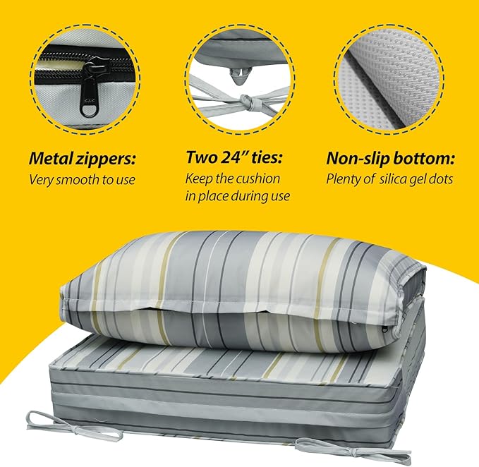AAAAAcessories Outdoor Seat Cushions for Chairs, Fade-Resistant, Waterproof Patio Furniture Replacement Cushions, 23.5" x 25.5" x 5" + 23.5" x 13.5", Ash Blue Harbor Stripe