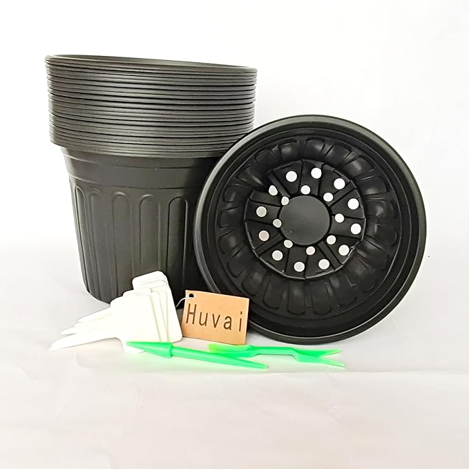 24 Pack 2 Gallon Nursery Pots, Thickened Soft Black Plastic Plant Pots with 24Pcs Waterproof Plastic T-Type Plant Tags and 2Pcs/Set Transplanting Digging Mini Tools