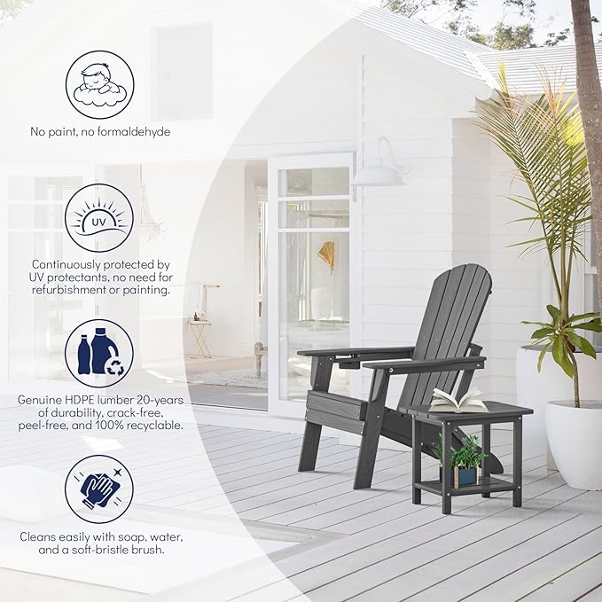 Plawdlik Folding Adirondack Chair Set of 6 with Cup Holder，Wooden Textured ，Heavy All-Weather HDPE Comfortable Set Poolside Backyard Lawn, Gray