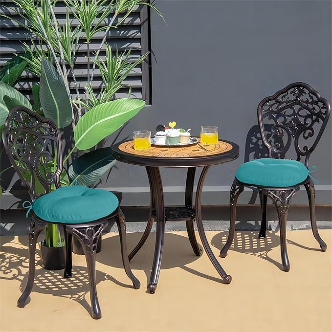 downluxe Bistro Chair Cushions for Patio Furniture, Water-Resistant Round Outdoor Chair Cushions Set of 2 with Non-Slip Ties, 15" x 15", Teal