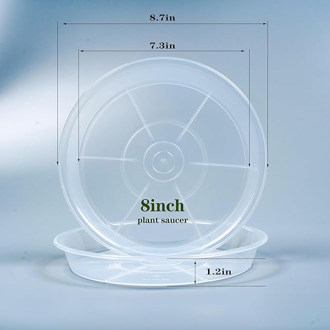 Clear Plant Saucer 6 Pack 8 inch, Heavy Duty Round Plastic Plant Tray Saucers for Indoors Outdoors Garden, Flower Planter Water Drip Trays for Pot, Plant Dishes Saucer (8", Clear)
