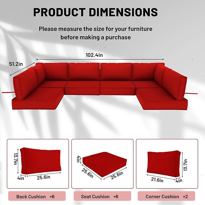 14 Piece Outdoor Sectional Cushions, Water-Resistant Outdoor Sofa Cushions Replacement, 4" High Density Foam Patio Furniture Cushions Fits 6-seat Rattan Conversation Set (Red)