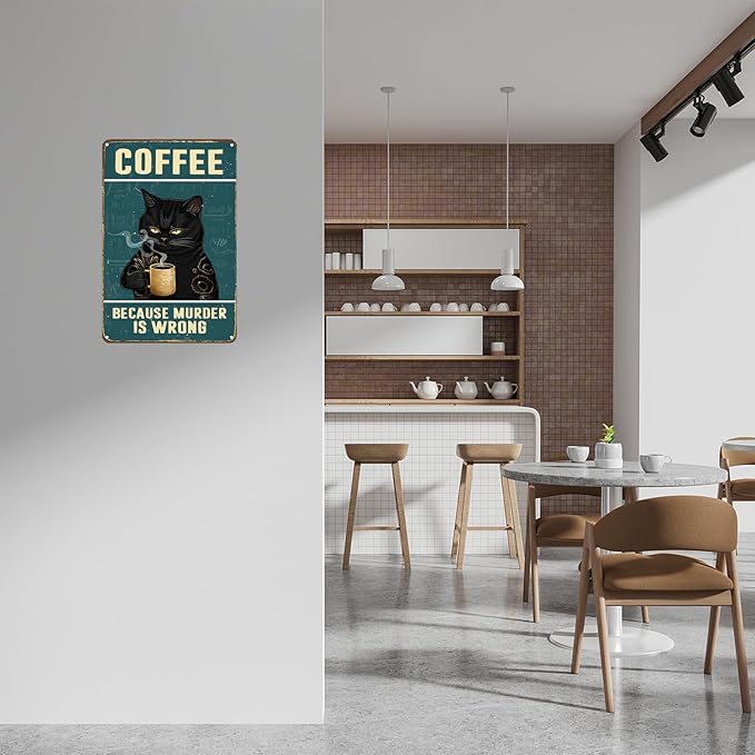 Cat Coffee Sign Aesthetic Decor - Cat Metal Tin Sign 12" x 8" - Vintage Coffee Bar Wall Art for Cat Lovers - Cute Cat Home Decor for Kitchen, Living Room Bathroom