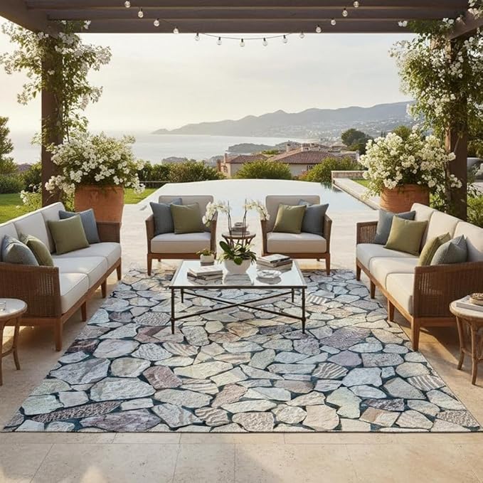 Rustic Grey Brown Faux Rock Tile 4x6 Outdoor Rugs for Patios Balcony Deck Garden Camping Beachside Porch Natural Stones Theme Thin Non Slip Waterproof Quick Dry Comfort Art Decor Carpets