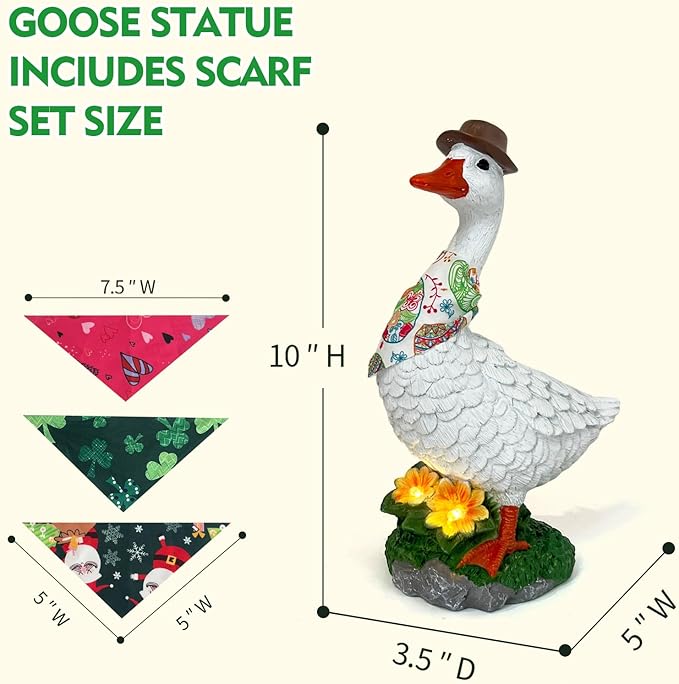 Porch Goose Garden Statue with Solar Glowing Flower, 10" Solar Duck Decorative Figurine for Outdoor, Valentine St.Patrick Easter Christmas Seasonal Scarves for Patio Yard Decor - Unique Gift for Women