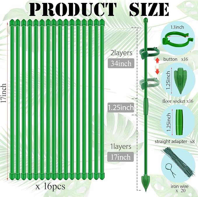 16PCs Plant Stakes for Indoor Plants,17 Inch Plant Support Stakes with Clips, Tall Adjustable Plant Sticks for Indoor Monstera Tomato Orchid Potted Plants Flower Comes with Spearhead End