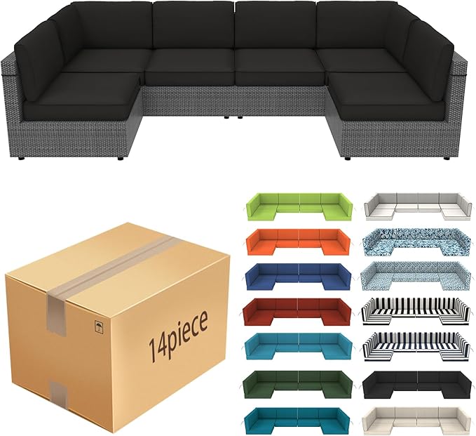 14 Pcs Outdoor Replacement Cushions for Patio Furniture, All Weather Water Resistant Cushion for 6 Seat Rattan Wicker Sectional Patio Conversation Sets and Couch (Black)