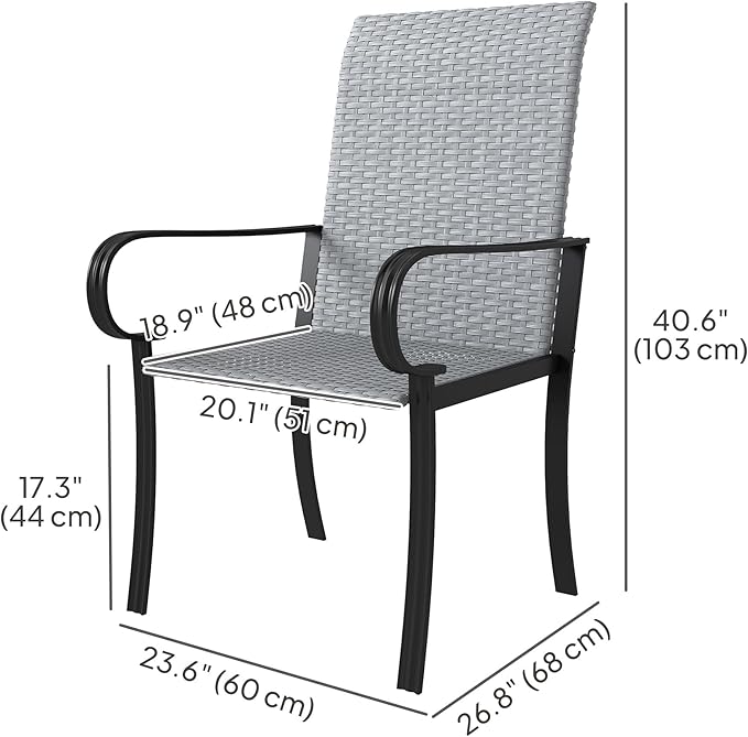 Outsunny Set of 2 Outdoor Wicker Dining Chairs, All-Weather Rattan Armchairs with Armrests, Steel Frame, High Back and Deep Seating, for Garden, Patio, Deck, Yard, Poolside, Gray