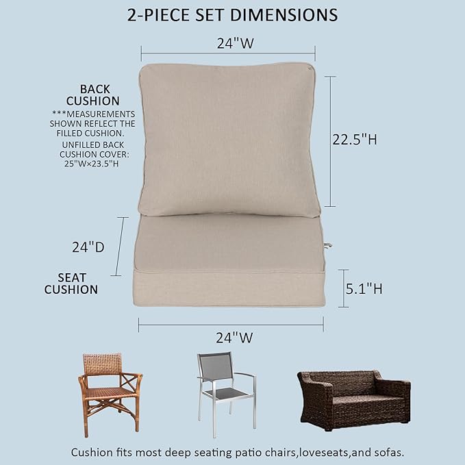 24x24 Inch Outdoor Deep Seat Cushions Set of 2,Thick High-Density Foam, Removable Cover with YKK Hidden Zipper,Water-Resistant UV-Resistant Polyester for Patio Furniture,Putty