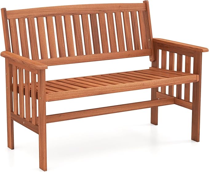 Tangkula Outdoor Wood Garden Bench, 2-Person Patio Park Bench with Backrest, Armrests and Slatted Seat, Outside Loveseat Furniture for Front Porch, Balcony, Deck and Yard