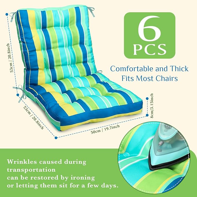 Hoteam 6 Set Patio Chair Cushions Outdoor High Chair Cushion 20 x 40 Inch Waterproof Patio Seat Rocking Indoor Thickened Pad(Striped Style,Green)