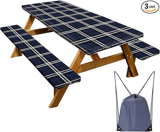 Picnic Table Cover with Bench Covers Set of 3 - Classic Checkered Navy Blue Plaid Tablecloth, Elastic Fitted for 6 Ft Tables, Washable Polyester Cover for Camping, Indoor & Outdoor