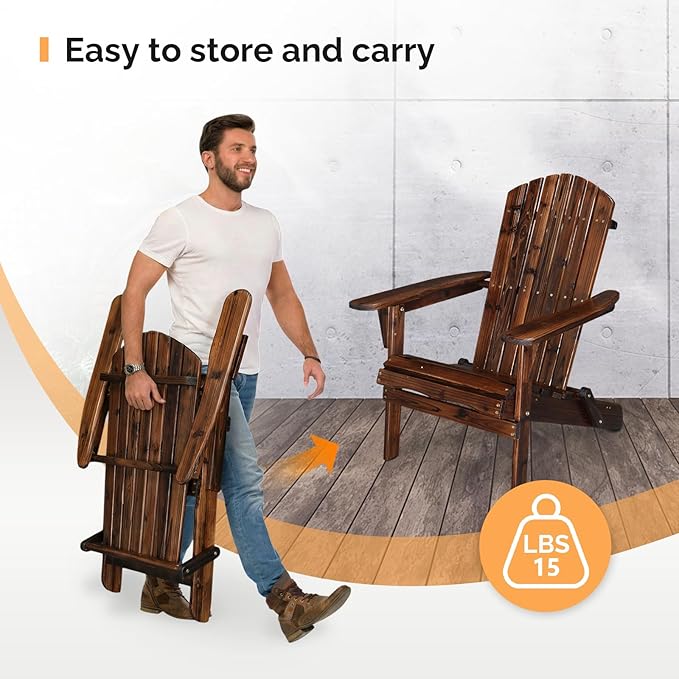 VINGLI Folding Adirondack Chair Set of 6, Wood Adirondack Chairs for Outdoor, Foldable Fire Pit Chairs for Patio, BBQ, Porch, Yard, Pool, Carbonized