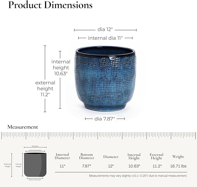 LuxenHome 12" Dia Large Ceramic Pots for Plants, Teal Blue Glazed Planters for Outdoor Plants, Round Indoor Flower Pots with Drainage Hole and Rubber Plug for Home Garden Patio
