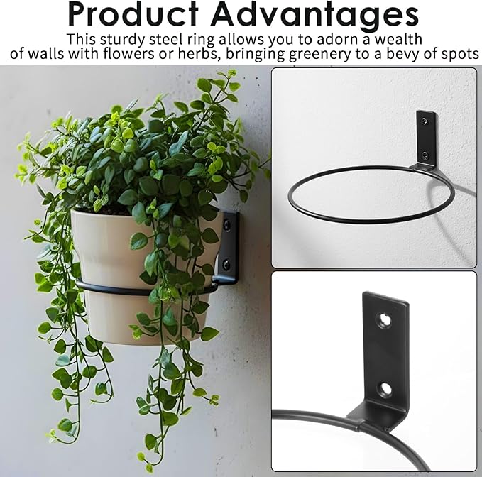 8 Pack 6 Inch Flower Pot Holder Rings, Wall Mounted Metal Planter Hangers with Screws, Indoor Outdoor Plant Stand Hanging Brackets for Garden Decor