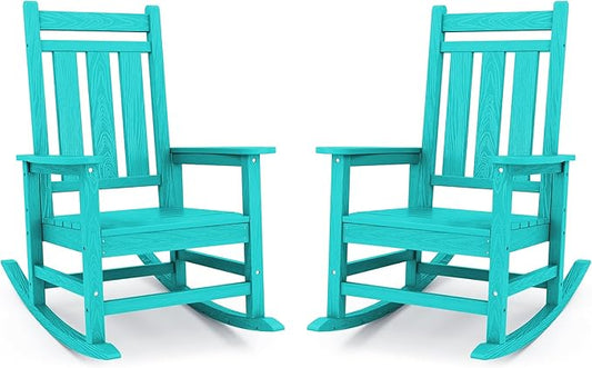 KINGYES Oversized Outdoor Rocking Chair Set of 2, All-Weather Patio Rocking Chairs for Porch, HDPE Outdoor Patio Rockers with High Back & Wide Seat for Garden, Lawn, Aruba