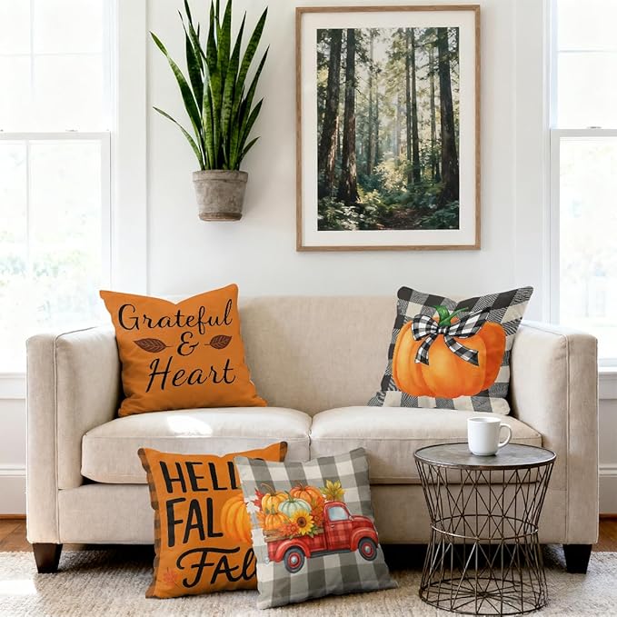 Autumn Harvest Pillow Covers 18x18 inch Set of 4, Pumpkin Truck Buffalo Plaid Fall Art Throw Pillow Covers Farmhouse Cushion Case Decor for Sofa Couch