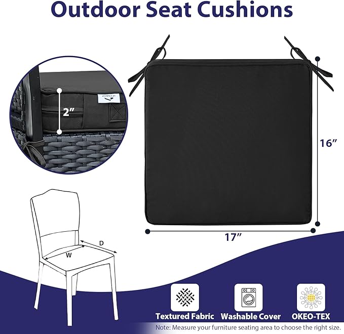 Outdoor Chair Cushions Set of 4,Waterproof Outdoor Seat Cushions for Patio Furniture,Patio Chair Cushion with Handle and Ties, Square Out Door Chair Pads,17" x 16" x 2", Black