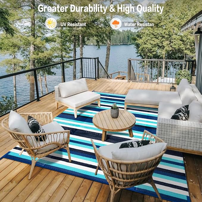 HUGEAR Outdoor Waterproof Rug 9'x12' Plastic Straw Rugs Washable Reversible Floor Mat Blue Stripe Carpet for Camping RV Deck Entryance Porch Picnic Balcony Beach Backyard
