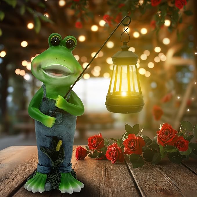 Solar Lantern Garden Statues Decor, 10" Large Outdoor Frog Figurine Lights for Yard Patio Decoration - Unique Christmas Housewarming Gift for Grandma Wowen Mom