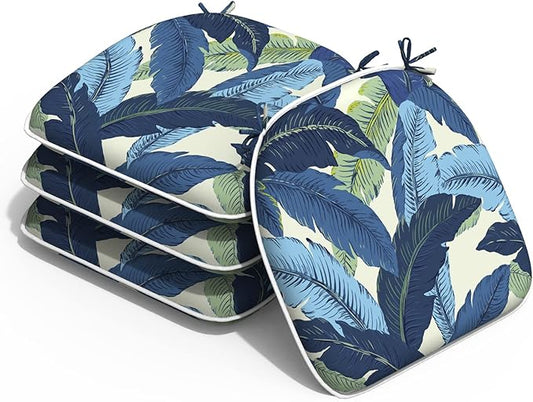 Outdoor Chair Cushions 16"x17" Set of 4, Water Resistant Patio Chair Pads with Ties, Seat Cushions for Home Garden Furniture Decoration, Swaying Palms Blue